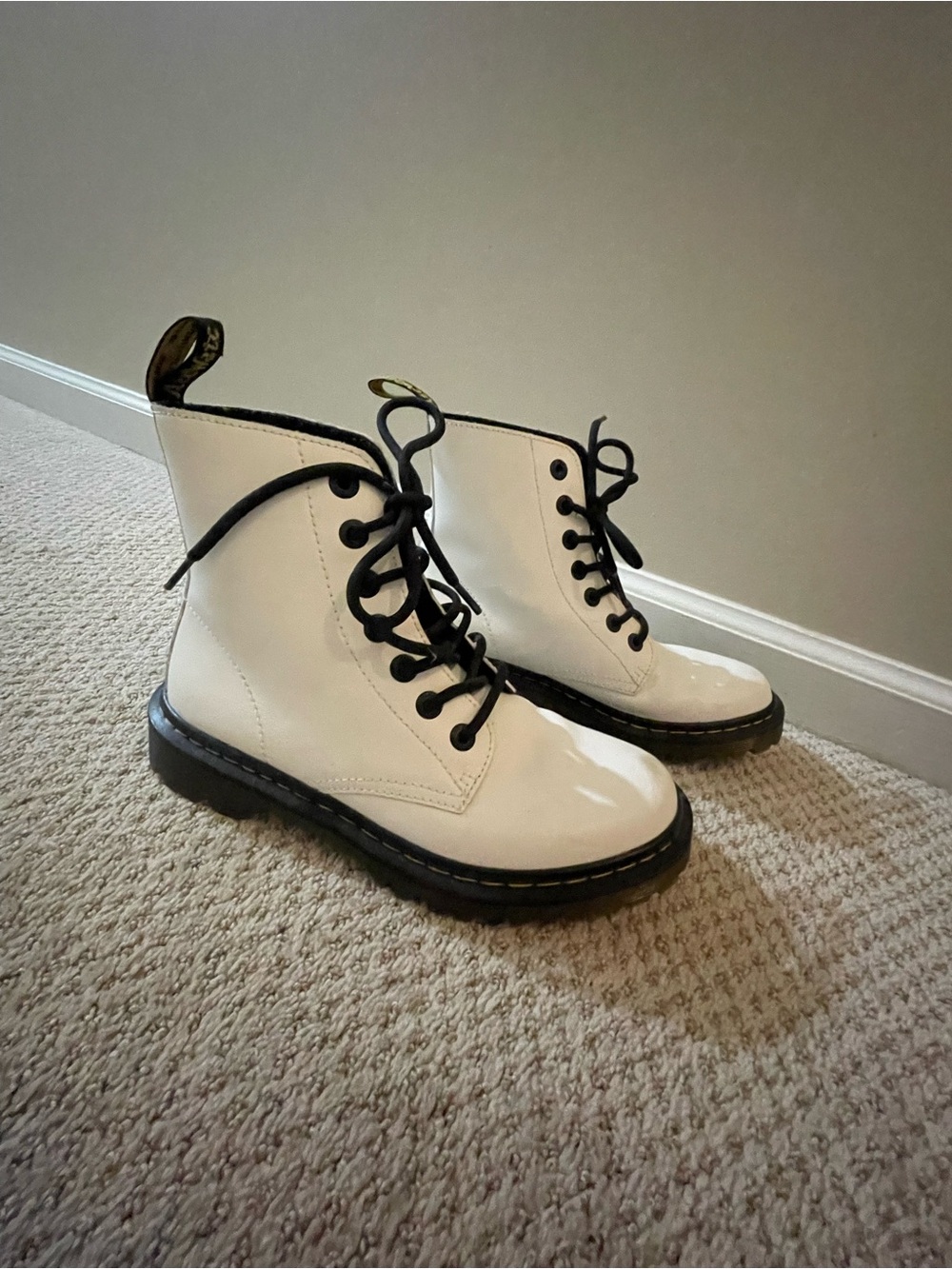 Dr. Martens White Patent Lace-Up Boots with Black Trim